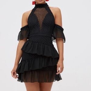 PrettyLittleThing Black Crochet Mesh Ruffle Dress  UK 10 US 6 NWT